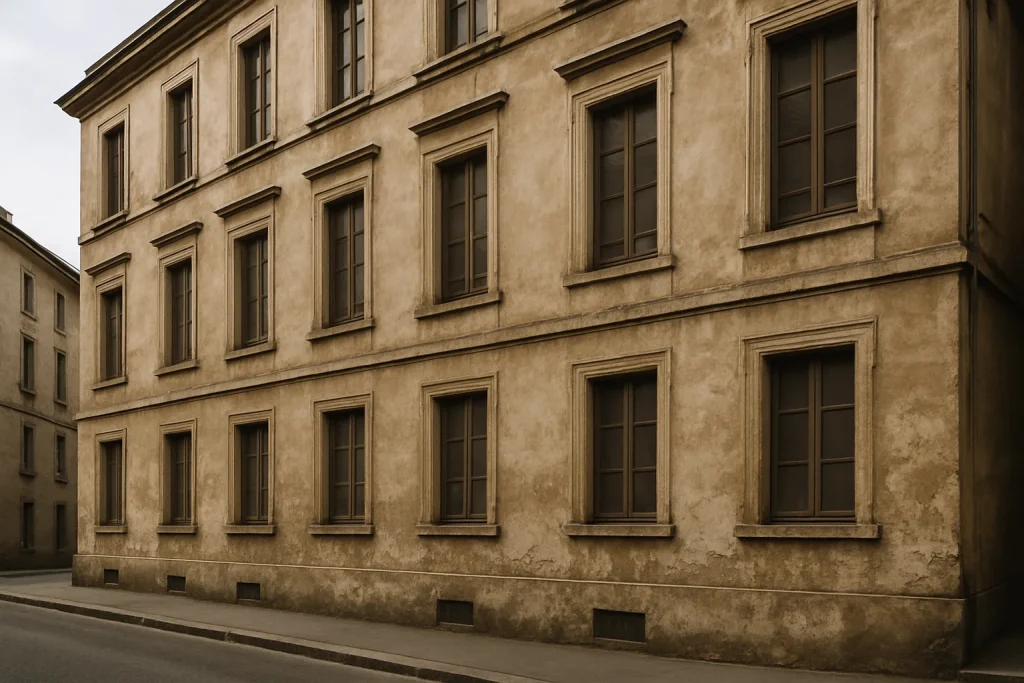 Façade d'un immeuble ancien sous la lumière du jour, sans passants.
