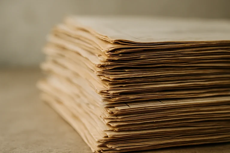 Gros plan sur une pile de papiers administratifs usés, éclairage naturel.