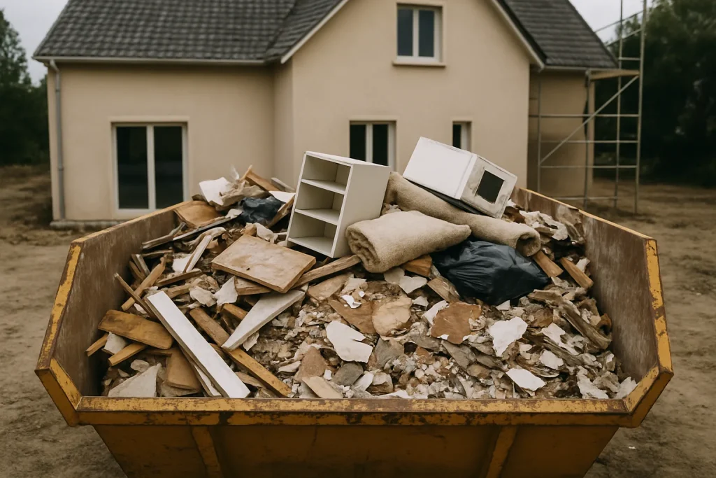 Benne de chantier pleine d'objets divers devant une maison encombrée.
