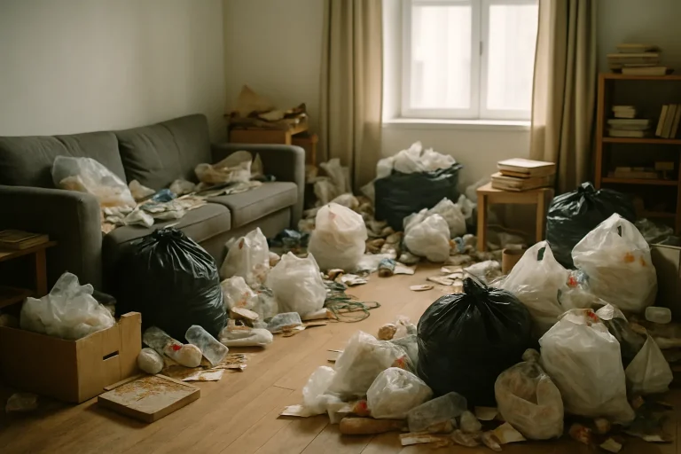 Appartement encombré avec piles de déchets divers, lumière douce.