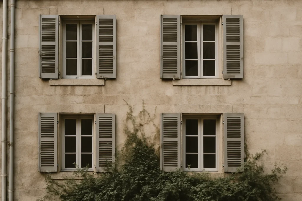 Façade d'un immeuble ancien avec fenêtres ouvertes, végétation en bas.