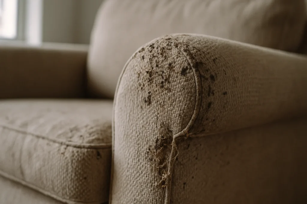 Gros plan d'un canapé avec traces d'infestation, texture visible du tissu.