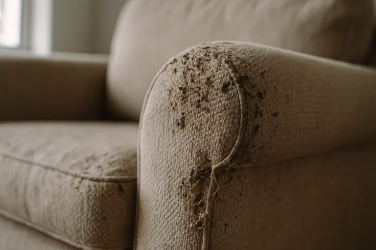 Gros plan d'un canapé avec traces d'infestation, texture visible du tissu.