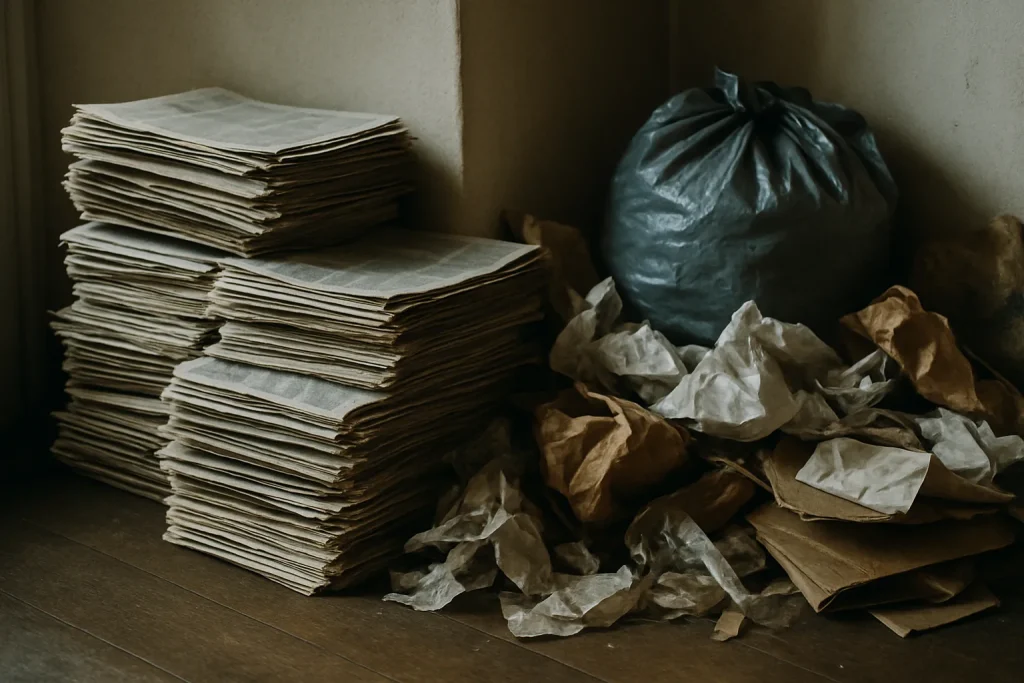 Amas de journaux et de déchets empilés dans un coin sombre d'un appartement.