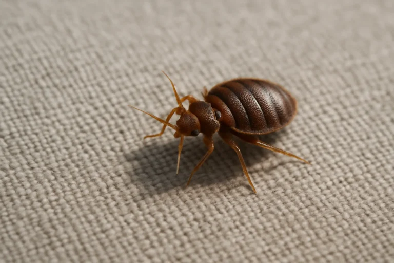 Gros plan d'une punaise de lit sur un tissu, éclairage naturel