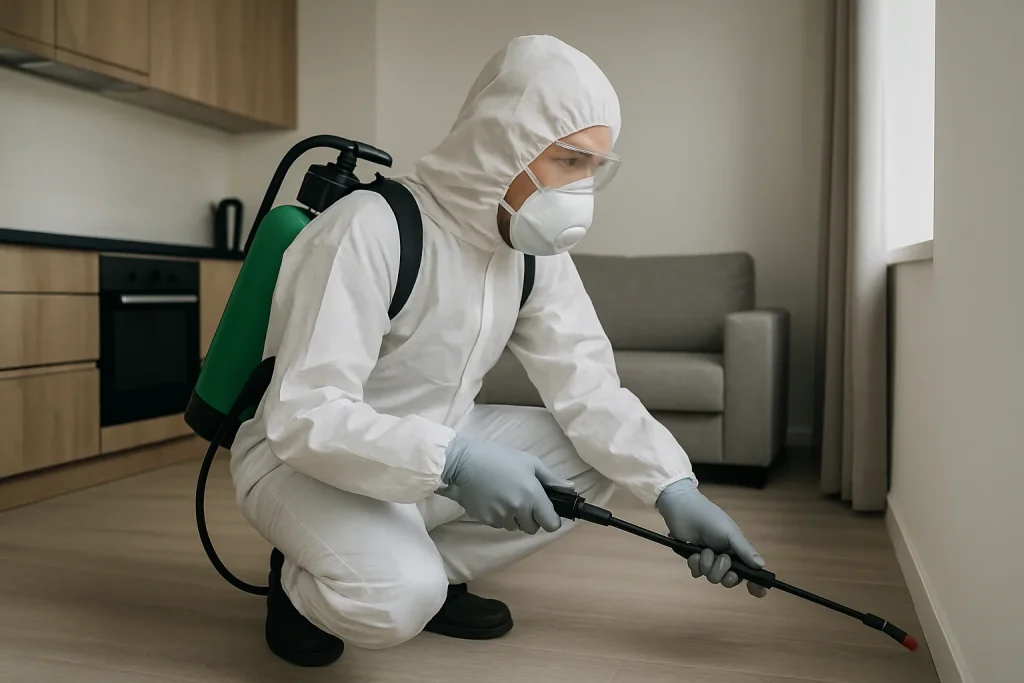 Un professionnel en combinaison intégrale applique un traitement de dératisation dans un appartement.
