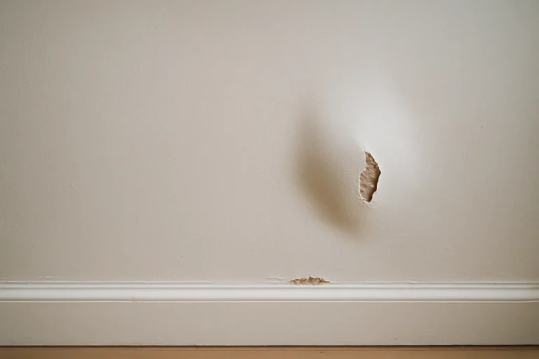 Mur intérieur avec un renflement indiquant une possible activité de rongeurs.