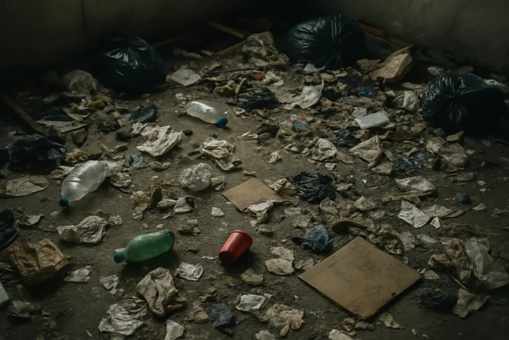 Pièce encombrée de déchets variés, potentiels risques infectieux.