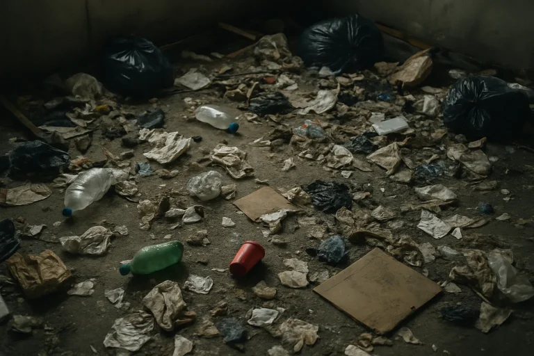Pièce encombrée de déchets variés, potentiels risques infectieux.