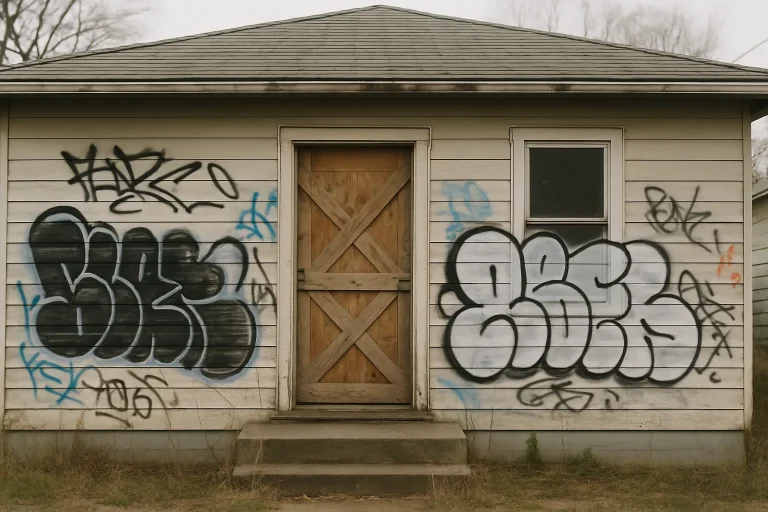 Maison avec graffitis et porte barricadée, nécessaire de faire un constat avant nettoyage