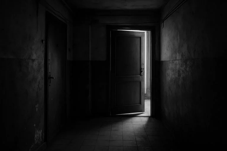 Couloir d'immeuble avec porte entrouverte, lumière tamisée, noir et blanc